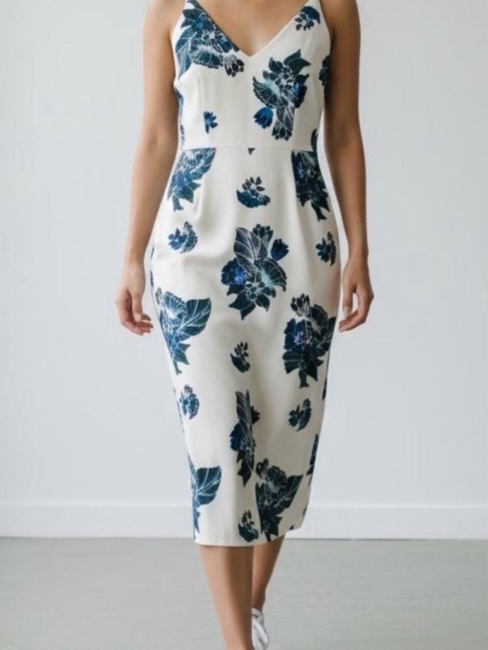 NWT HM Women white and blue floral Pencil Tank Vneck Dress sz 14